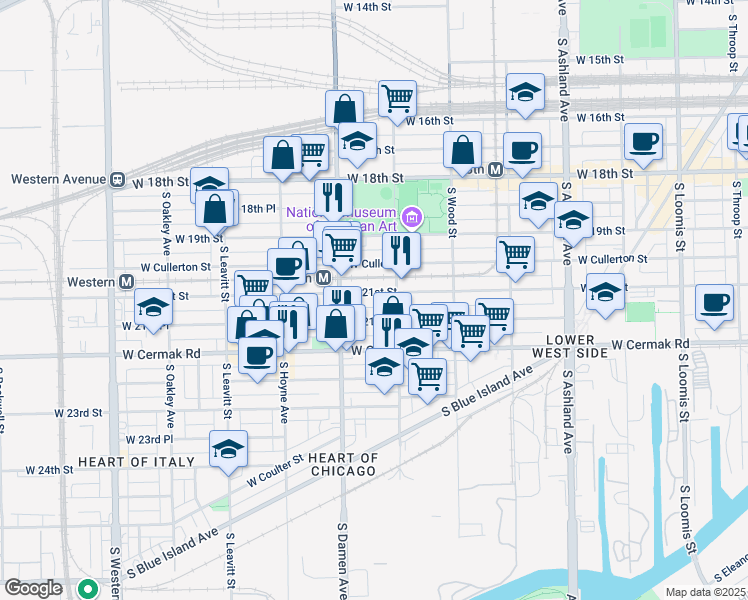 map of restaurants, bars, coffee shops, grocery stores, and more near 1934 West 21st Street in Chicago