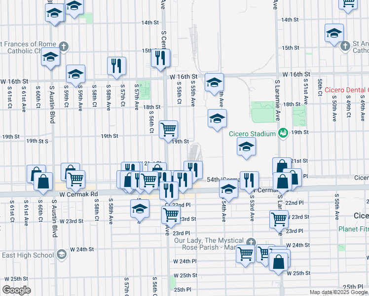 map of restaurants, bars, coffee shops, grocery stores, and more near 1844 South 55th Avenue in Cicero