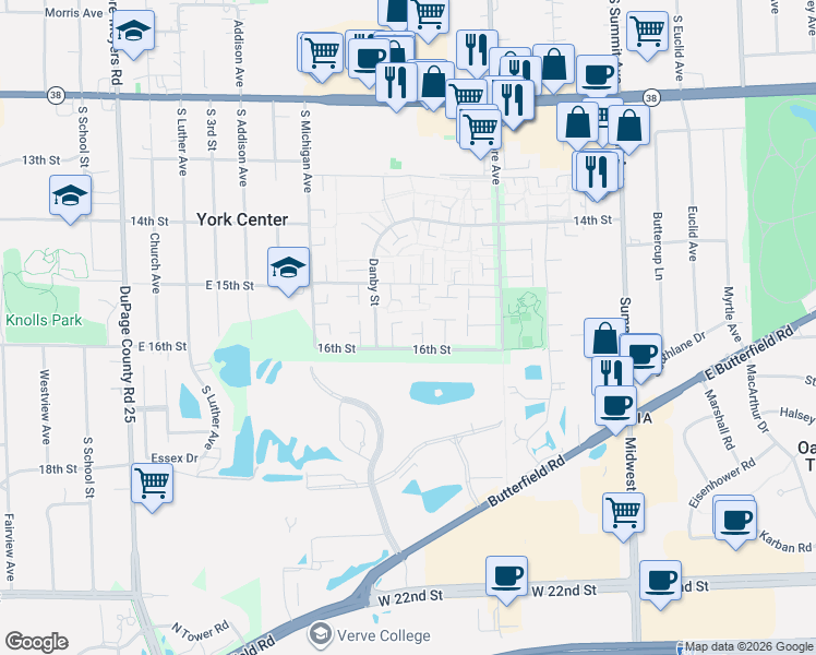 map of restaurants, bars, coffee shops, grocery stores, and more near 1S285 Windsor Lane in Villa Park