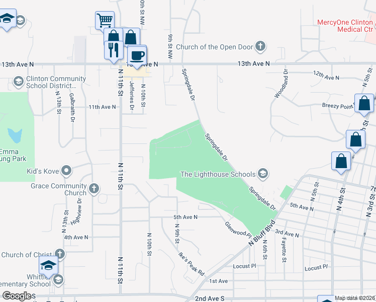 map of restaurants, bars, coffee shops, grocery stores, and more near 700-794 Springdale Drive in Clinton