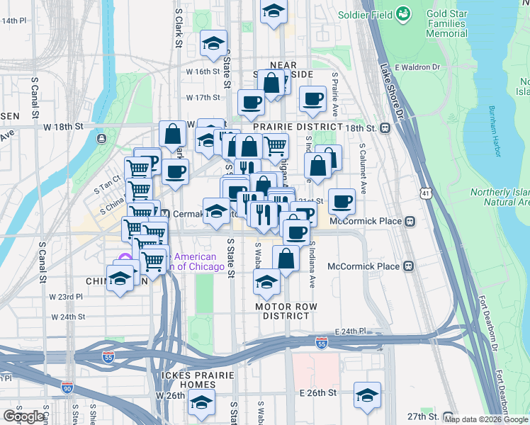 map of restaurants, bars, coffee shops, grocery stores, and more near 2111 South Wabash Avenue in Chicago