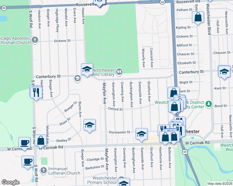 map of restaurants, bars, coffee shops, grocery stores, and more near 1620 Downing Avenue in Westchester