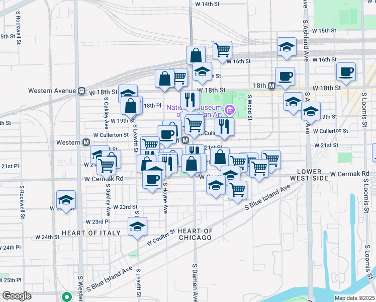 map of restaurants, bars, coffee shops, grocery stores, and more near 2009 West 21st Street in Chicago