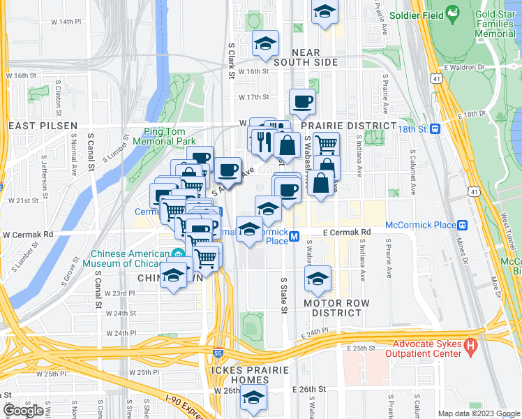 map of restaurants, bars, coffee shops, grocery stores, and more near 2111 South State Street in Chicago