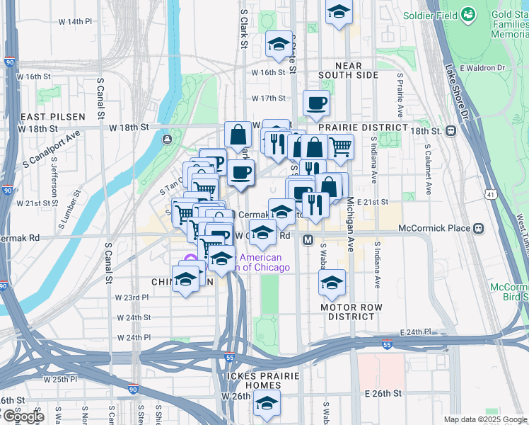 map of restaurants, bars, coffee shops, grocery stores, and more near 2111 South Clark Street in Chicago