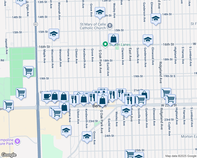 map of restaurants, bars, coffee shops, grocery stores, and more near 1841 South Oak Park Avenue in Berwyn