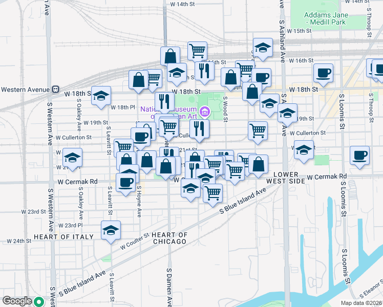 map of restaurants, bars, coffee shops, grocery stores, and more near 1909 West 21st Street in Chicago