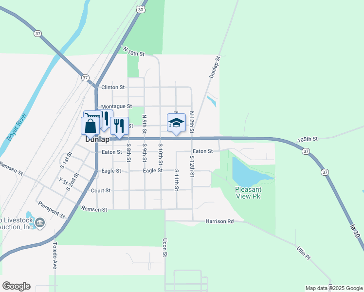 map of restaurants, bars, coffee shops, grocery stores, and more near 1102 Iowa Avenue in Dunlap