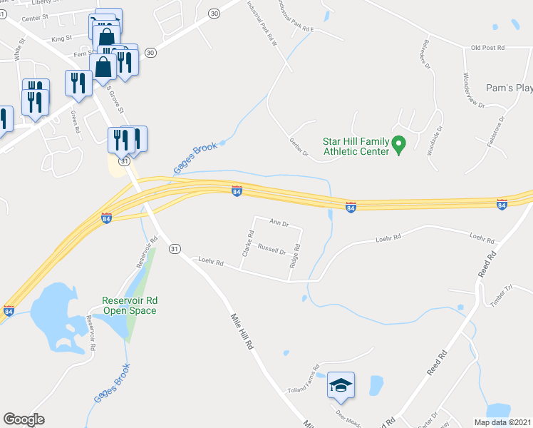 map of restaurants, bars, coffee shops, grocery stores, and more near 26 Ann Drive in Tolland