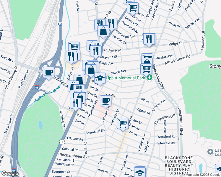 map of restaurants, bars, coffee shops, grocery stores, and more near 84 10th Street in Providence