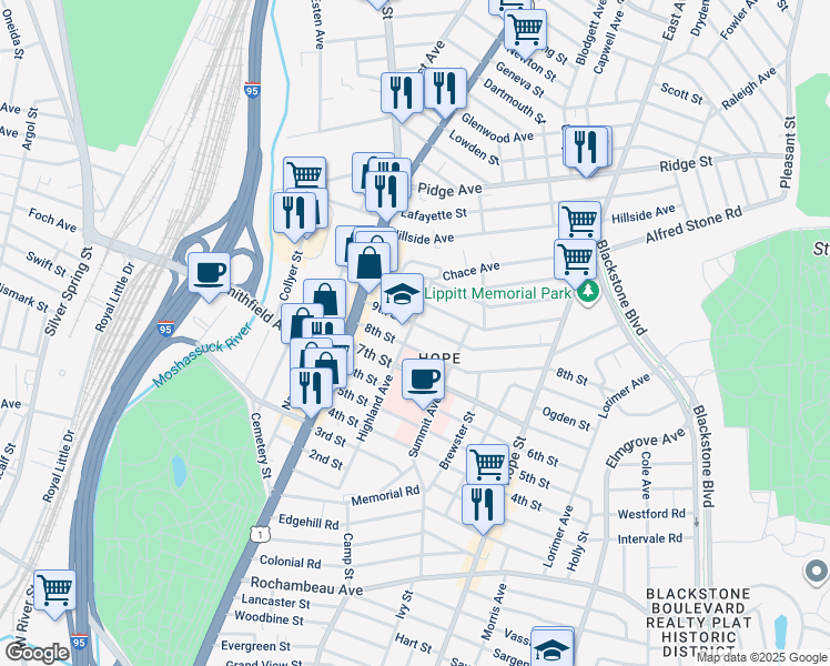 map of restaurants, bars, coffee shops, grocery stores, and more near 46 9th Street in Providence