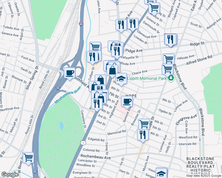 map of restaurants, bars, coffee shops, grocery stores, and more near 1255 North Main Street in Providence