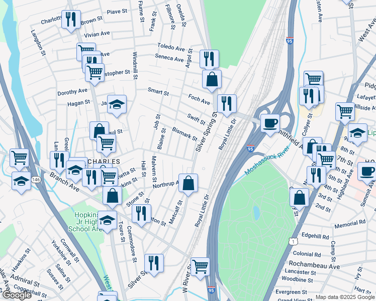 map of restaurants, bars, coffee shops, grocery stores, and more near 40 Brockton Street in Providence