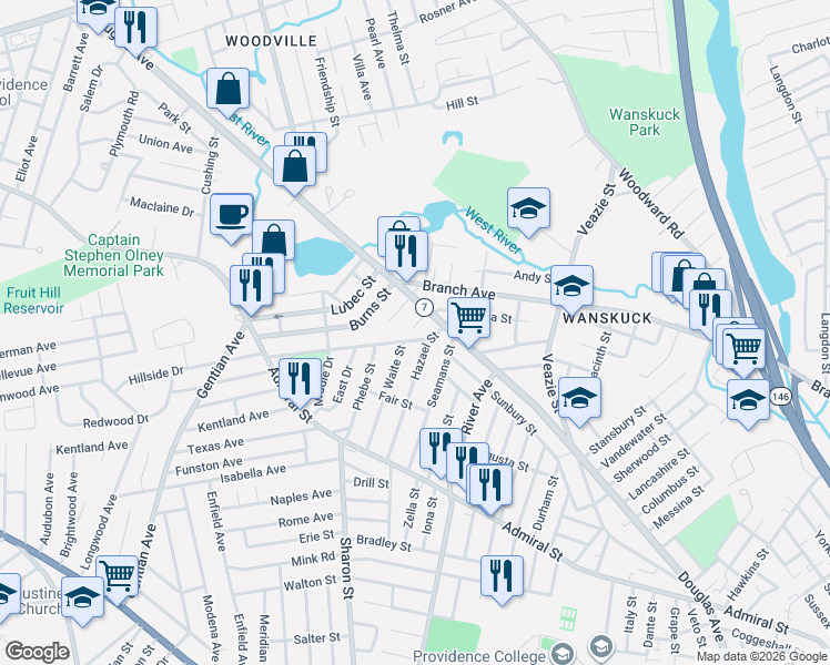 map of restaurants, bars, coffee shops, grocery stores, and more near 12 Atlas Street in Providence