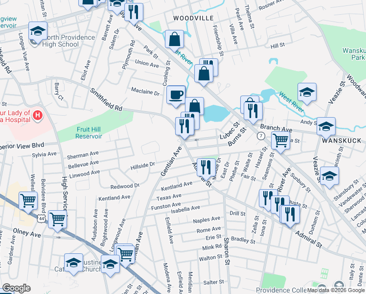 map of restaurants, bars, coffee shops, grocery stores, and more near 5 Smithfield Road in North Providence