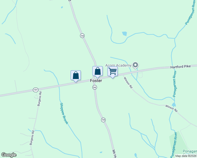 map of restaurants, bars, coffee shops, grocery stores, and more near 188-192 Old Hartford Pike in Foster