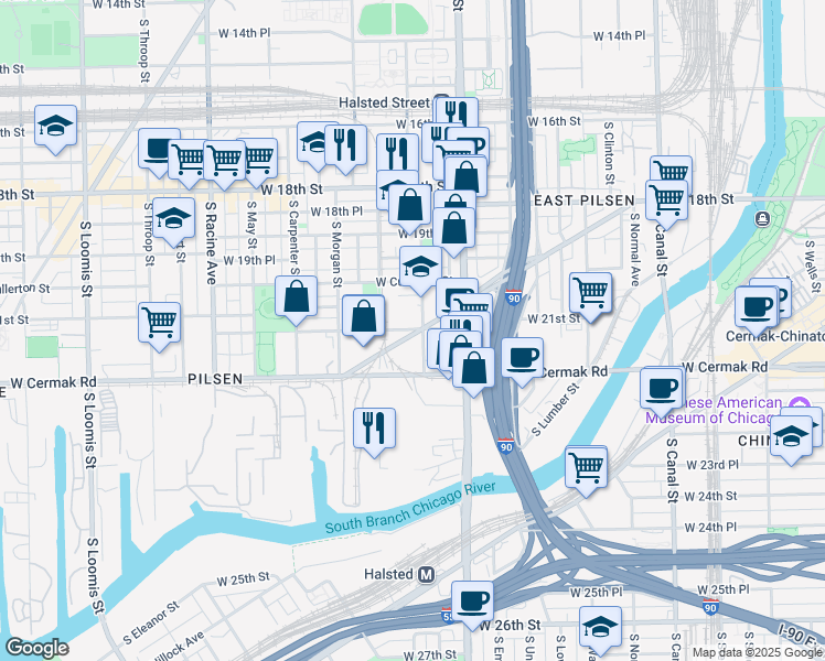 map of restaurants, bars, coffee shops, grocery stores, and more near 2015 South Peoria Street in Chicago
