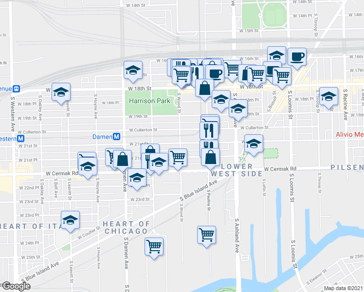 map of restaurants, bars, coffee shops, grocery stores, and more near 1748 West 21st Street in Chicago