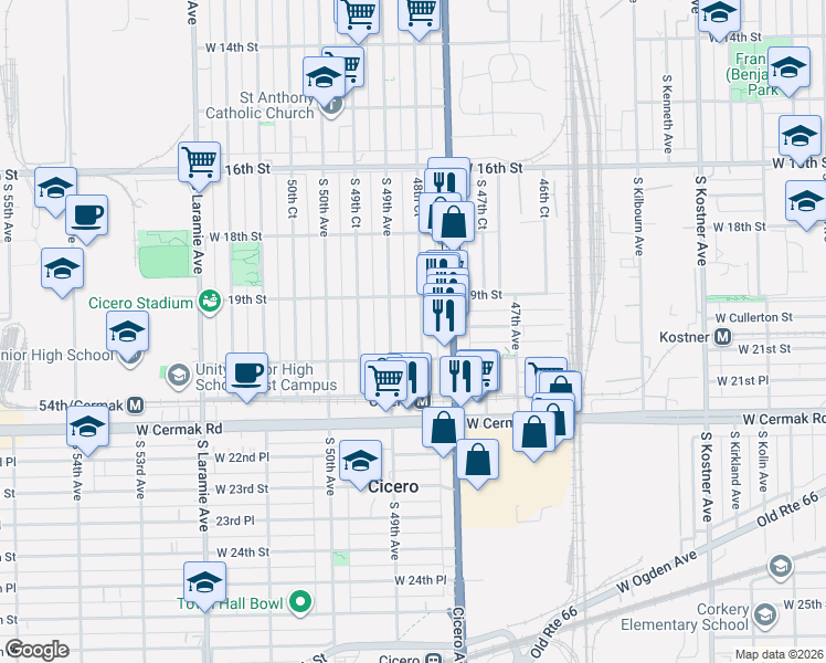 map of restaurants, bars, coffee shops, grocery stores, and more near 1907 48th Court in Cicero