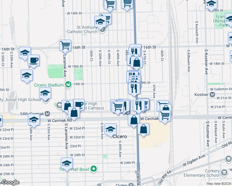 map of restaurants, bars, coffee shops, grocery stores, and more near 1906 South 49th Avenue in Cicero