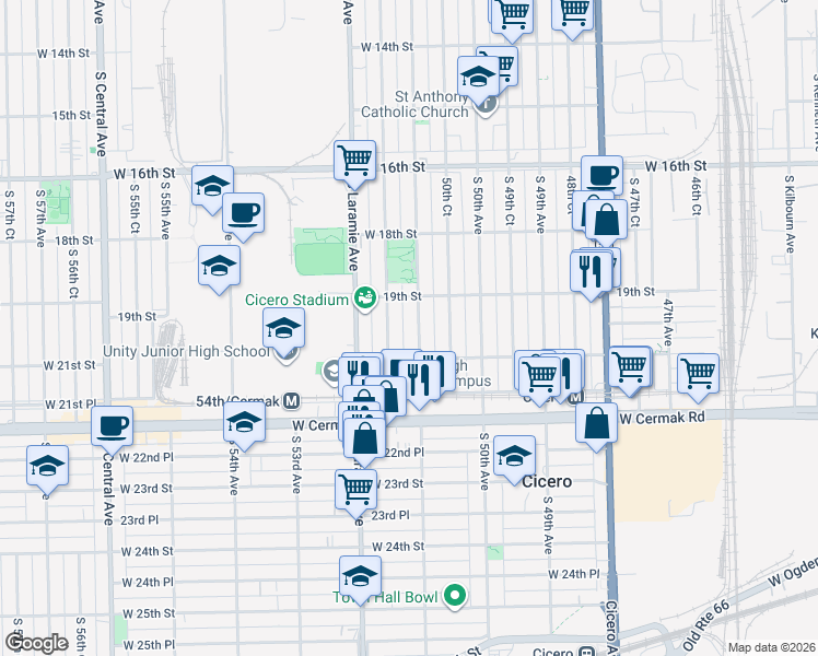 map of restaurants, bars, coffee shops, grocery stores, and more near 1905 South 51st Avenue in Cicero