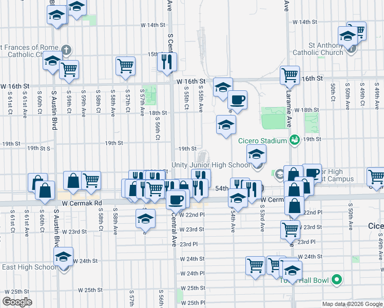 map of restaurants, bars, coffee shops, grocery stores, and more near 1844 South 55th Avenue in Cicero