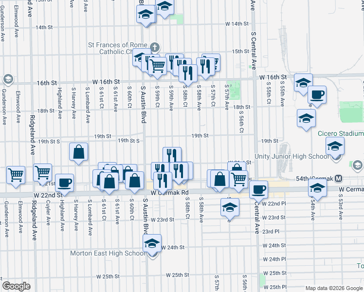 map of restaurants, bars, coffee shops, grocery stores, and more near 1901 South 59th Avenue in Cicero