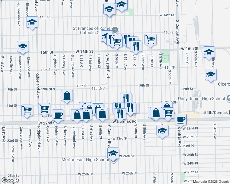 map of restaurants, bars, coffee shops, grocery stores, and more near 1901 South 59th Court in Cicero