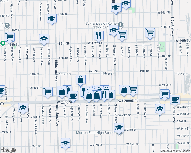 map of restaurants, bars, coffee shops, grocery stores, and more near 1853 West 19th Street in Cicero