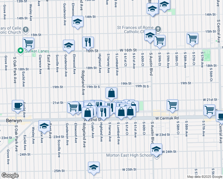 map of restaurants, bars, coffee shops, grocery stores, and more near 1848 South Harvey Avenue in Berwyn