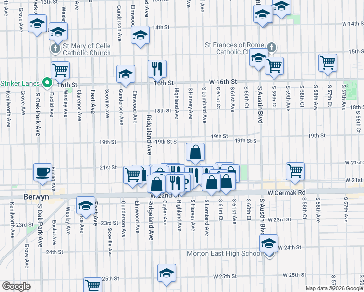 map of restaurants, bars, coffee shops, grocery stores, and more near 6303 19th Street in Berwyn
