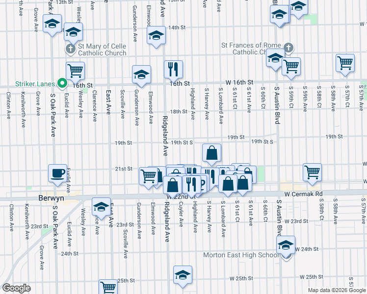 map of restaurants, bars, coffee shops, grocery stores, and more near 6303 19th Street in Berwyn