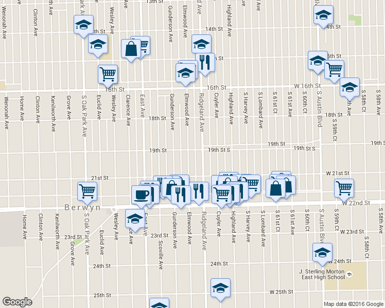 map of restaurants, bars, coffee shops, grocery stores, and more near 1845 Elmwood Avenue in Berwyn