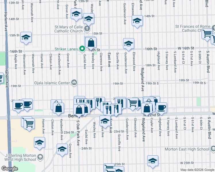 map of restaurants, bars, coffee shops, grocery stores, and more near 1846 East Avenue in Berwyn