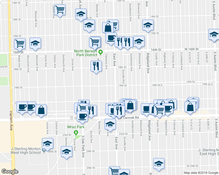 map of restaurants, bars, coffee shops, grocery stores, and more near 1846 East Avenue in Berwyn