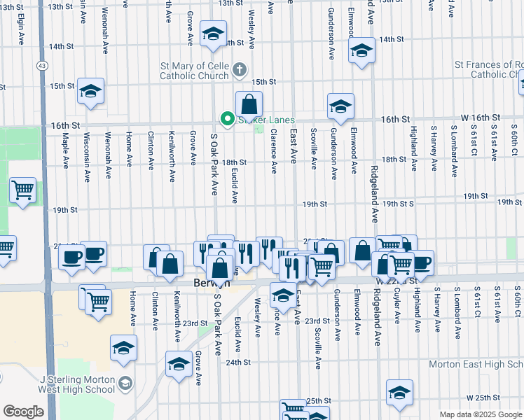 map of restaurants, bars, coffee shops, grocery stores, and more near 1843 Wesley Avenue in Berwyn