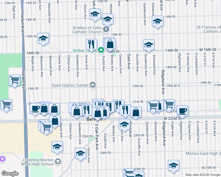 map of restaurants, bars, coffee shops, grocery stores, and more near 1843 Euclid Avenue in Berwyn