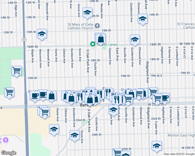 map of restaurants, bars, coffee shops, grocery stores, and more near 1843 Euclid Avenue in Berwyn
