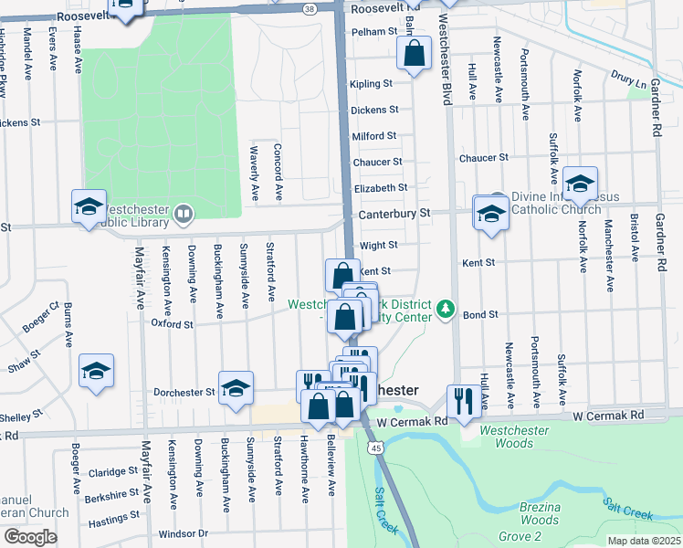map of restaurants, bars, coffee shops, grocery stores, and more near 1645 South Mannheim Road in Westchester