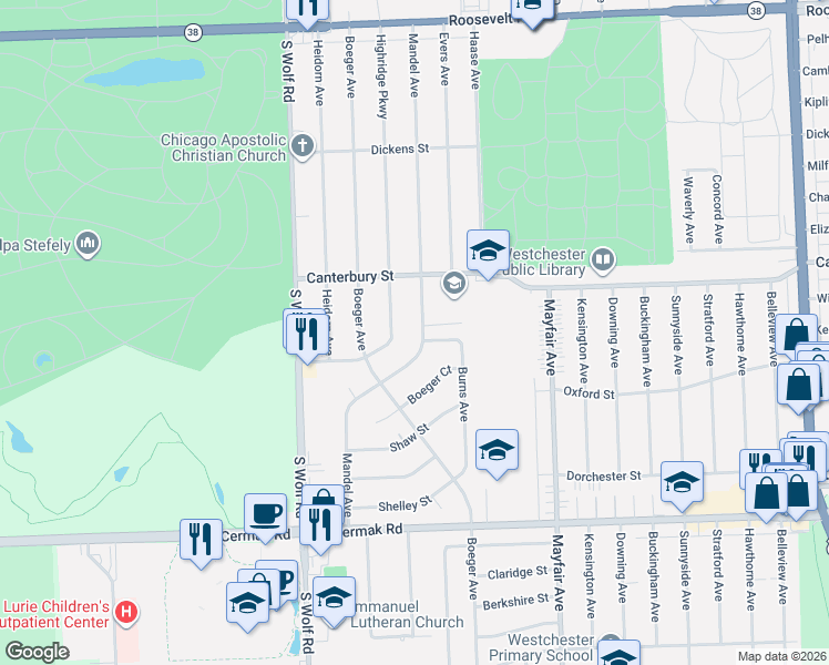 map of restaurants, bars, coffee shops, grocery stores, and more near 1624 Mandel Avenue in Westchester