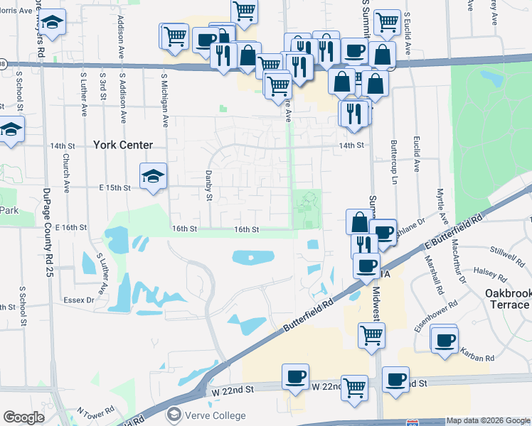 map of restaurants, bars, coffee shops, grocery stores, and more near 18W089 Williamsburg Lane in Villa Park