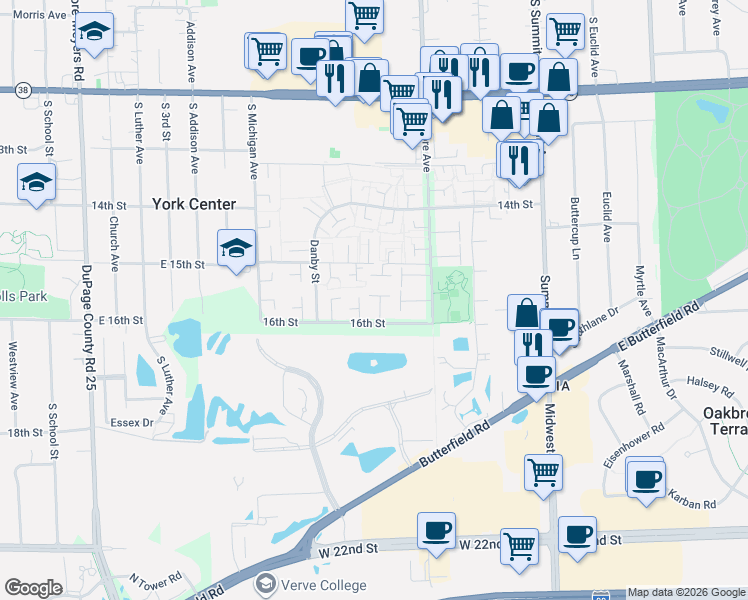 map of restaurants, bars, coffee shops, grocery stores, and more near 18W089 Williamsburg Lane in Villa Park