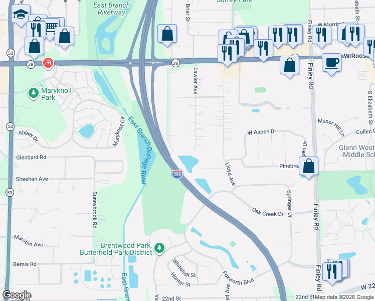map of restaurants, bars, coffee shops, grocery stores, and more near 1S269 Valley Road in Lombard