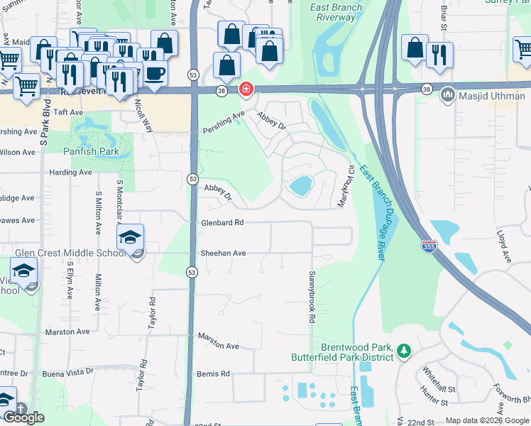 map of restaurants, bars, coffee shops, grocery stores, and more near 836 Abbey Drive in Glen Ellyn
