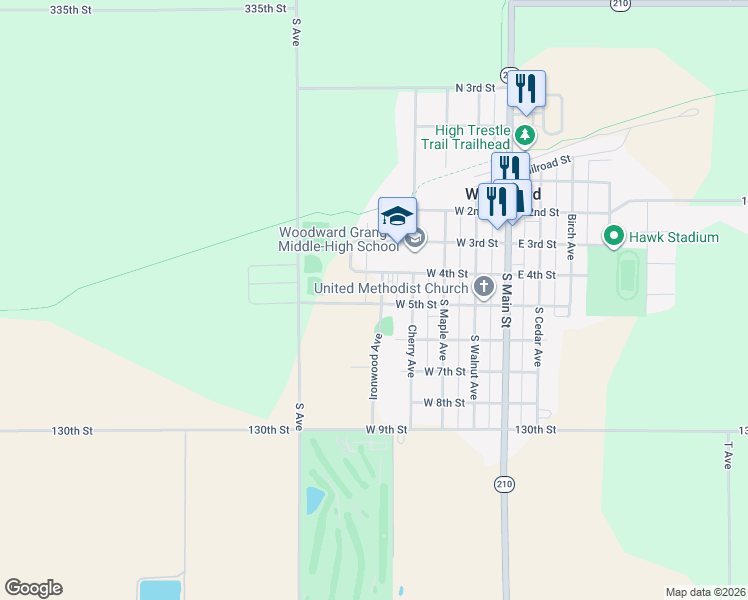 map of restaurants, bars, coffee shops, grocery stores, and more near 509 West 4th Street in Woodward