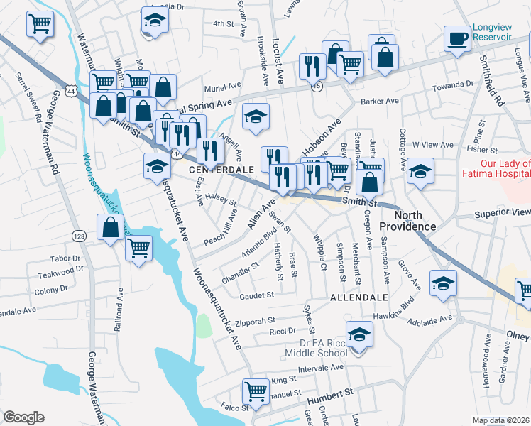 map of restaurants, bars, coffee shops, grocery stores, and more near 1 Swan Street in North Providence
