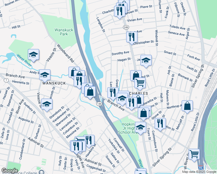 map of restaurants, bars, coffee shops, grocery stores, and more near 641 Branch Avenue in Providence