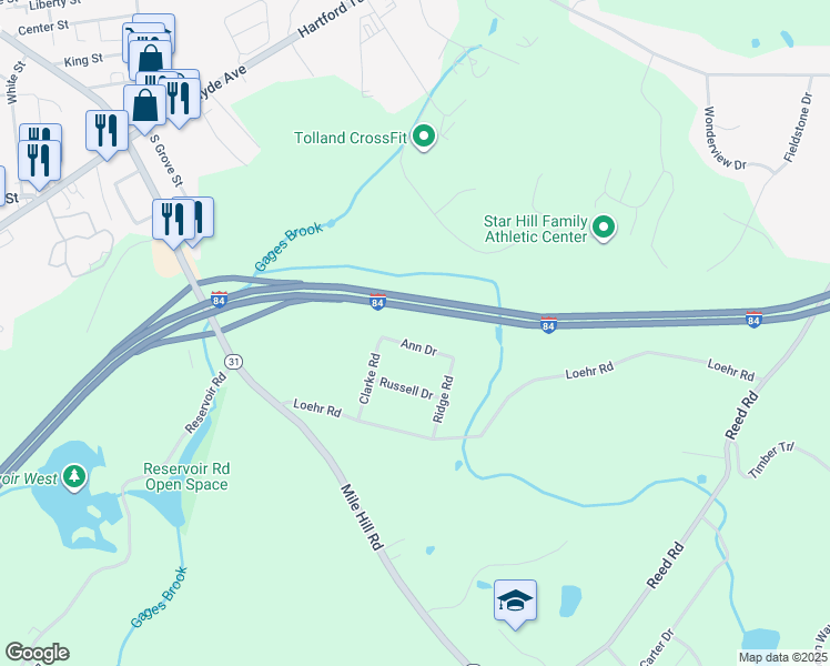 map of restaurants, bars, coffee shops, grocery stores, and more near 26 Ann Drive in Tolland