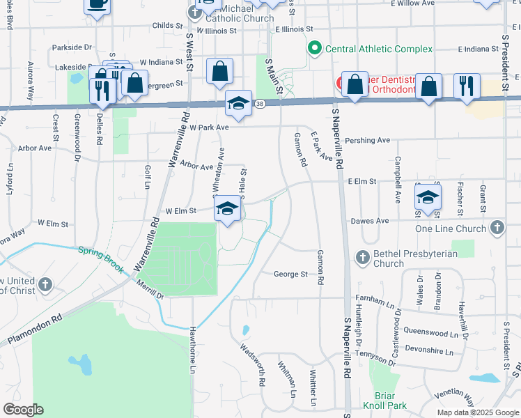 map of restaurants, bars, coffee shops, grocery stores, and more near 155 West Elm Street in Wheaton