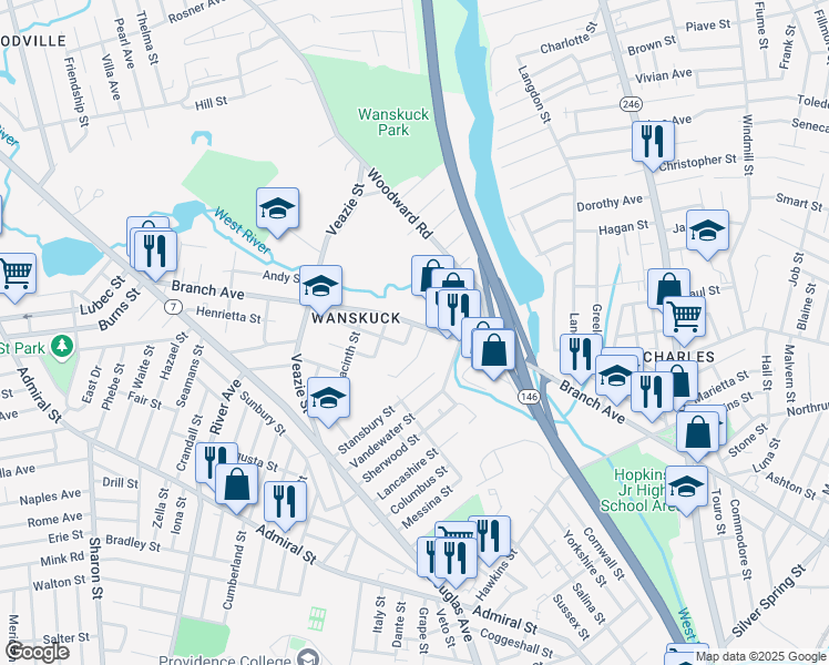 map of restaurants, bars, coffee shops, grocery stores, and more near 725 Branch Avenue in Providence